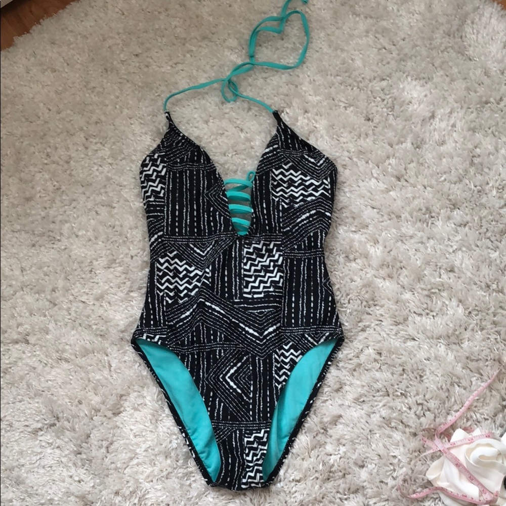 SO one pieces Swim Black and Blue Patterned Swimsuit size S